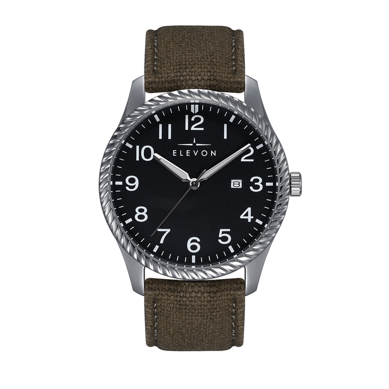 Crosswind Canvas-Overlaid Leather-Band Watch w/ Date Black/Olive | Black Dial