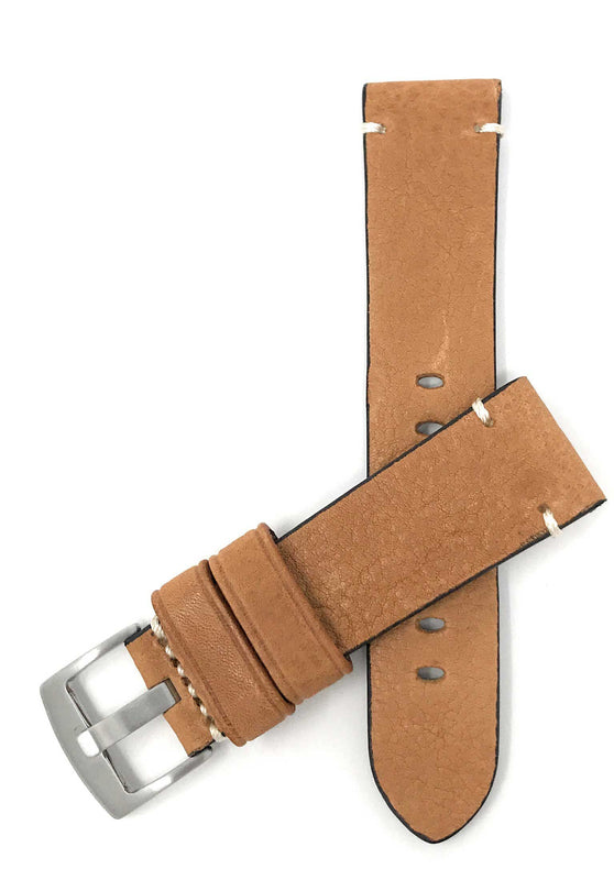 Bandini 22mm Tan Italian Leather Watch Band - Distressed - Semi-Padded 22mm / Tan / Silver Buckle |  Dial