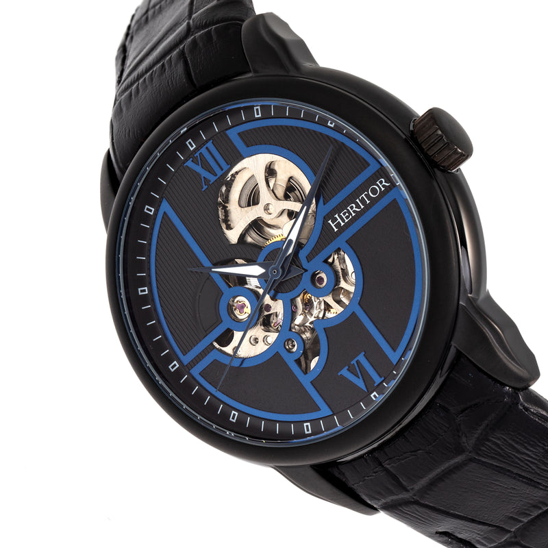 Automatic Sanford Semi-Skeleton Leather-Band Watch Black | Black Dial