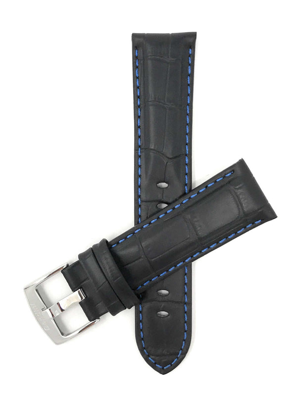 Bandini 20mm Black / Blue Italian Leather Watch Band - Alligator Pattern - White Stitch -  Semi-Padded 20mm / Black / Blue / Silver Buckle |  Dial