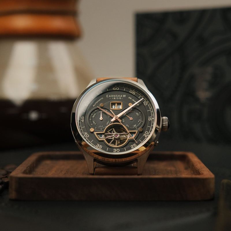 Baron Grand Date Calendar Open Heart Automatic Black / Brown Leather | Black Dial