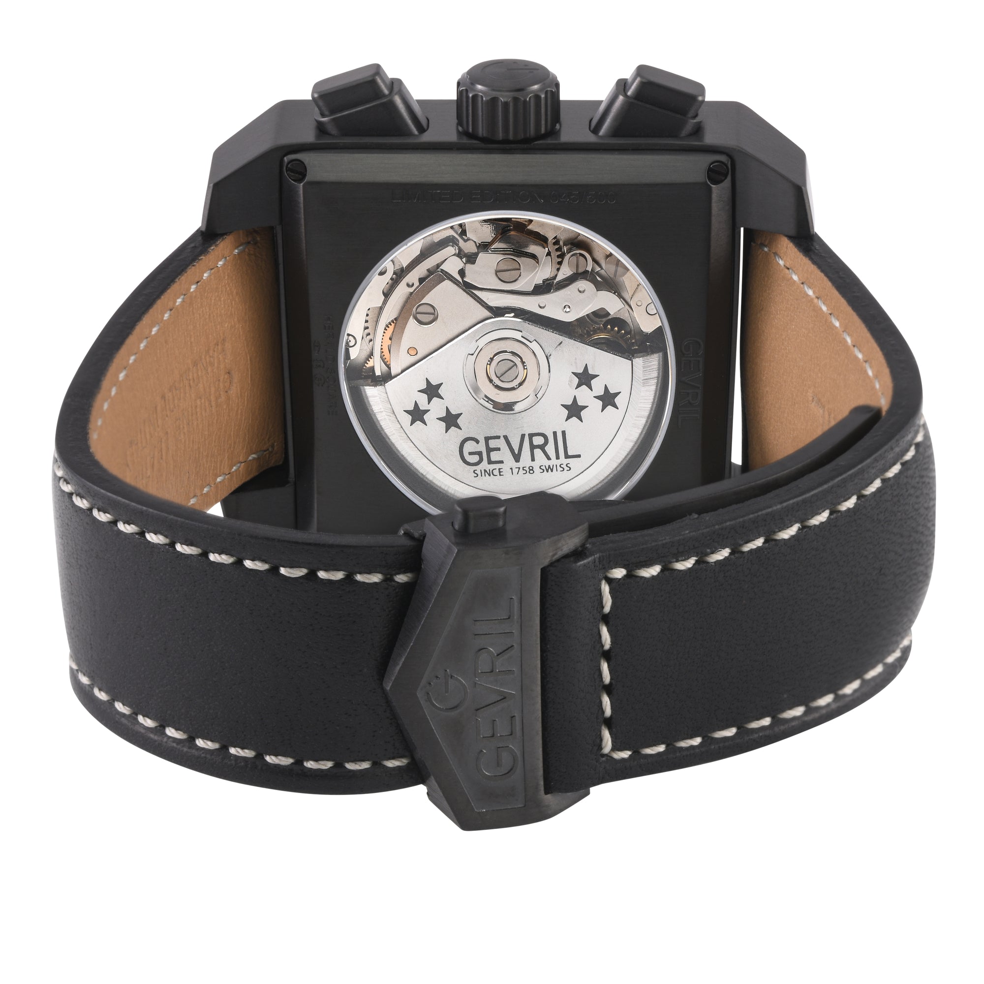 Herald Square Chronograph Gevril ETA7750 Chrono, SS/IPBLK Case, Black Dial, Italian Leather Strap | Black Dial
