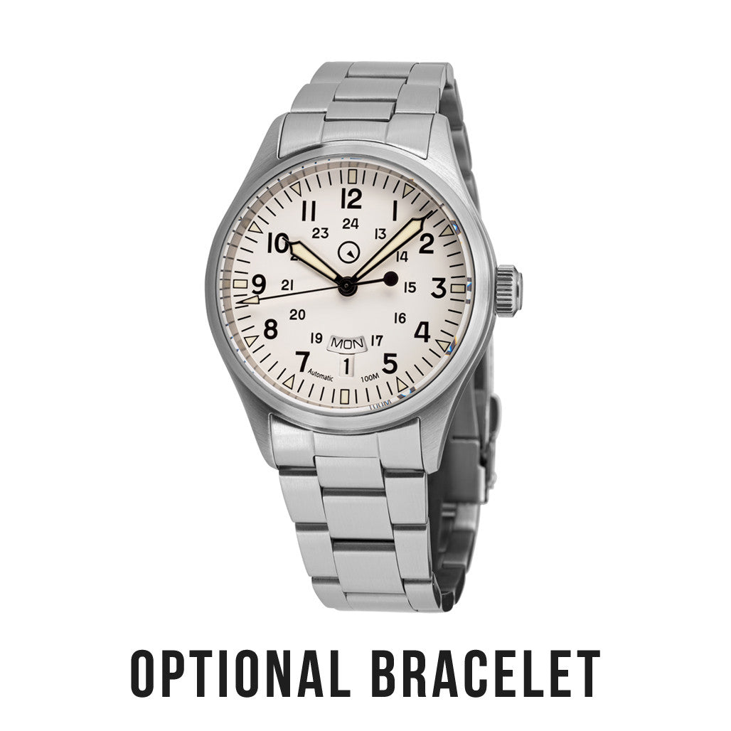 Islander Mitchel "DAY-T" Automatic Field Watch with White Dial and Day-Date Display