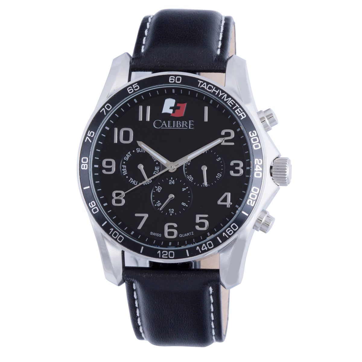 Buffalo Calibre Buffalo Swiss Quartz Black Dial Tachymeter Bezel Stainless Steel and Black Leather 24-Hour Day Date Watch | Black Dial