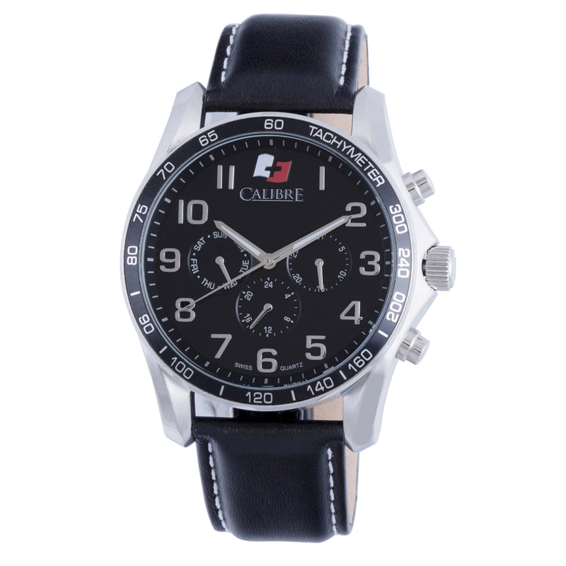 Buffalo Calibre Buffalo Swiss Quartz Black Dial Tachymeter Bezel Stainless Steel and Black Leather 24-Hour Day Date Watch | Black Dial