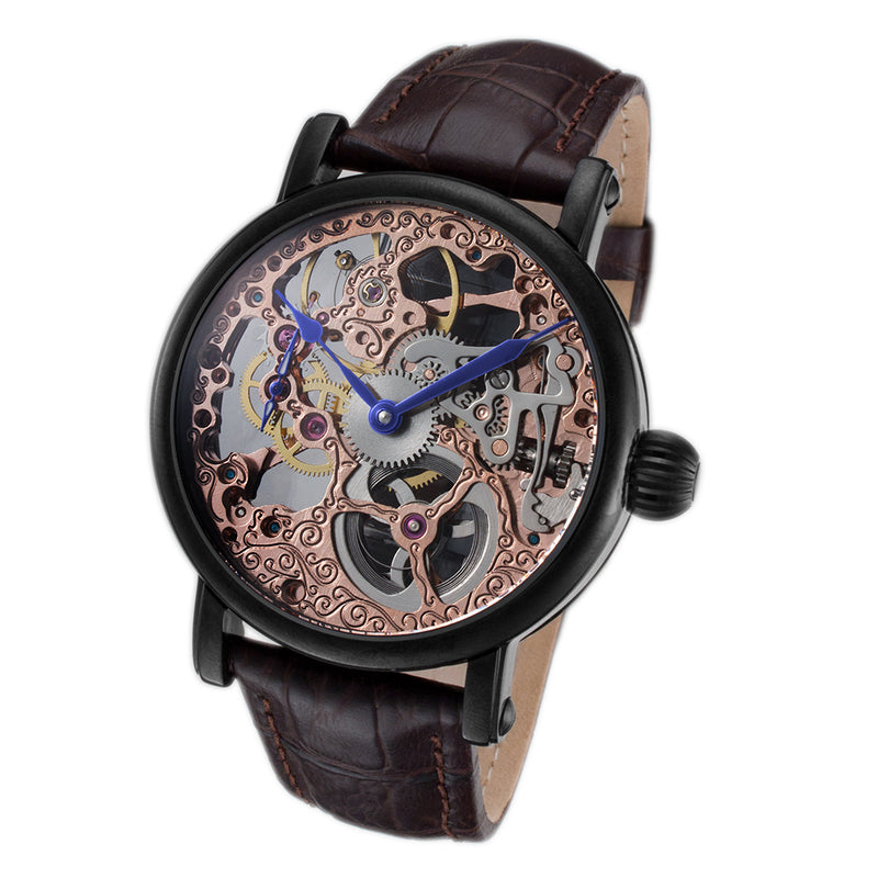 Skeleton Series black leather/rose gold | Gold Dial