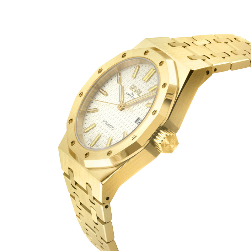 Gotham Swiss Automatic Movement, Silver/White Embossed Dial, IPYG Bracelet | White Dial