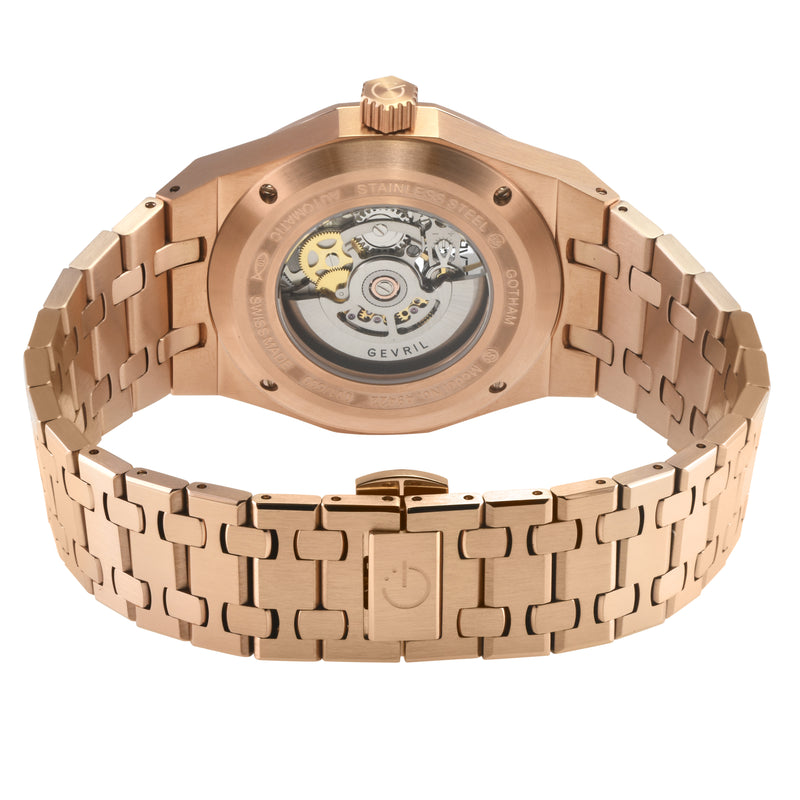 Gotham -Skeleton Swiss Automatic Movement, Skeleton Dial, Rose 316L Stainless Steel IPRG Bracelet | Skeleton Dial