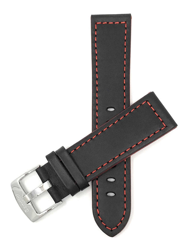 506 | 22mm Black / Red Italian Leather Watch Band - Racer - Padded 22mm / Black / Red / Silver Buckle |  Dial
