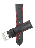 Bandini 24mm Black / Red Italian Leather Watch Band - Alligator Pattern - White Stitch -  Semi-Padded 24mm / Black / Red / Silver Buckle |  Dial