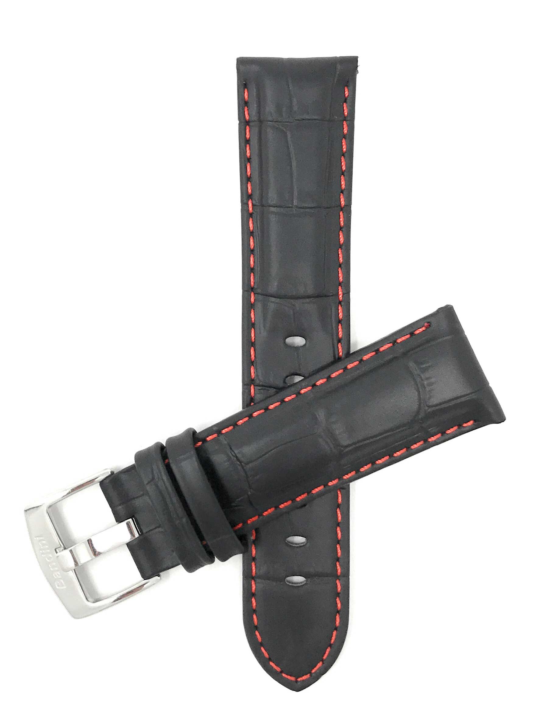 Bandini 24mm Black / Red Italian Leather Watch Band - Alligator Pattern - White Stitch -  Semi-Padded 24mm / Black / Red / Silver Buckle |  Dial