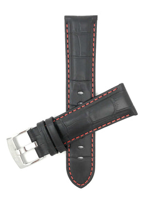 Bandini 24mm Black / Red Italian Leather Watch Band - Alligator Pattern - White Stitch -  Semi-Padded 24mm / Black / Red / Silver Buckle |  Dial