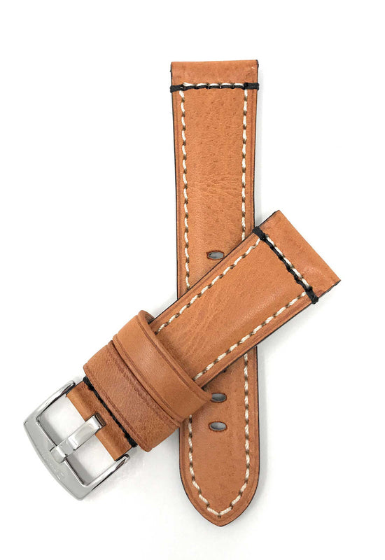 Bandini 24mm Tan Italian Leather Watch Band - Classic - Padded 24mm / Tan / Silver Buckle |  Dial