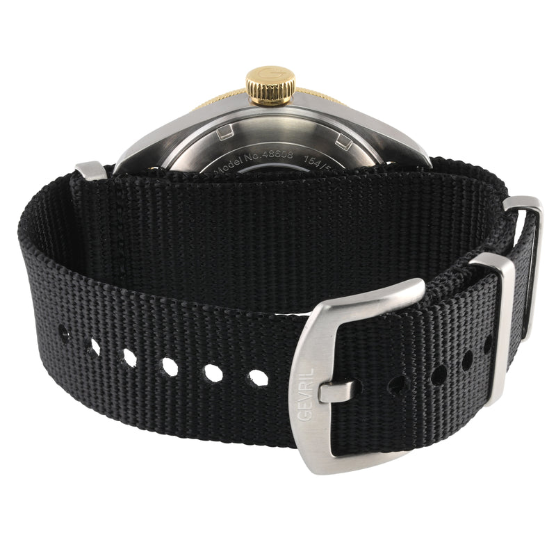 Yorkville Gevril Men's Yorkville Black Dial Sellita SW200 Swiss Automatic Rotating Bezel Two Tone Bracelet Date Luminous Watch Nato strap | Black Dial