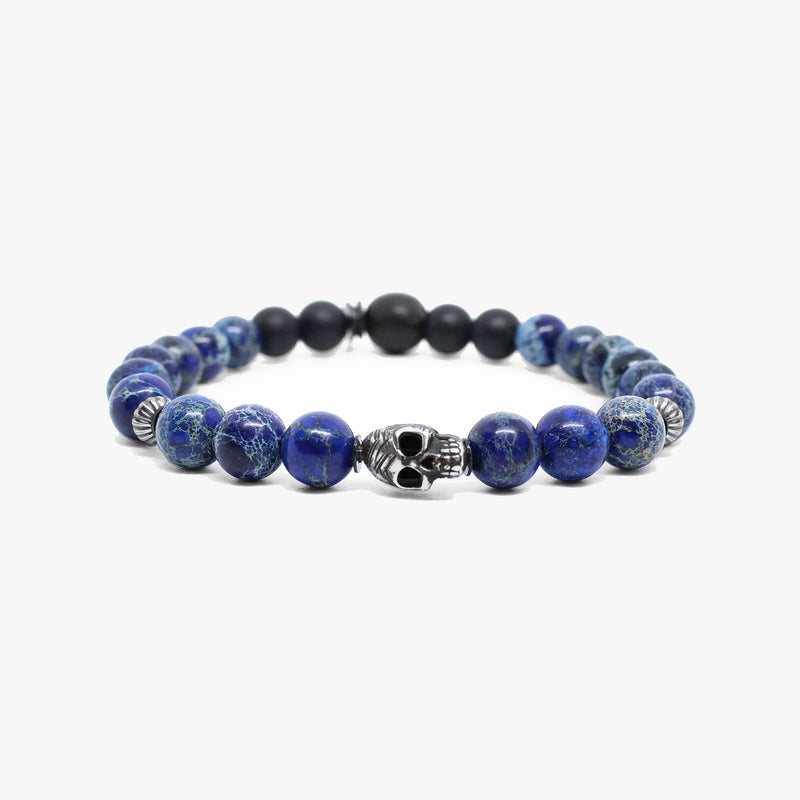 Etched sterling skull, blue sea sediment M (7.25" Wrist) |  Dial