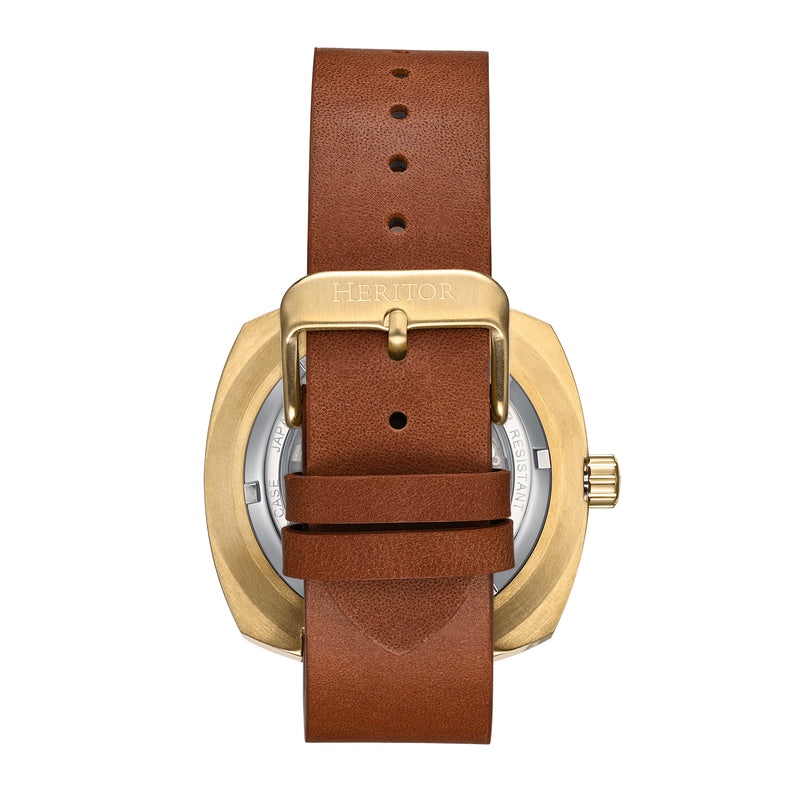 Davenport Engraved-Case Leather-Band Watch w/ Date Gold/Brown | Black Dial