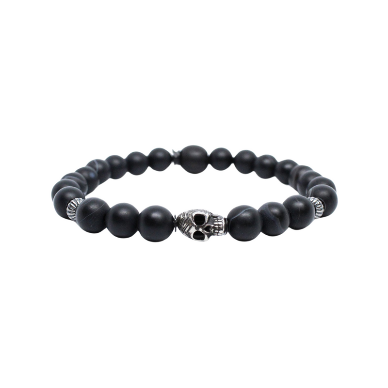 Etched sterling skull, striped black agate M (7.25" Wrist) |  Dial