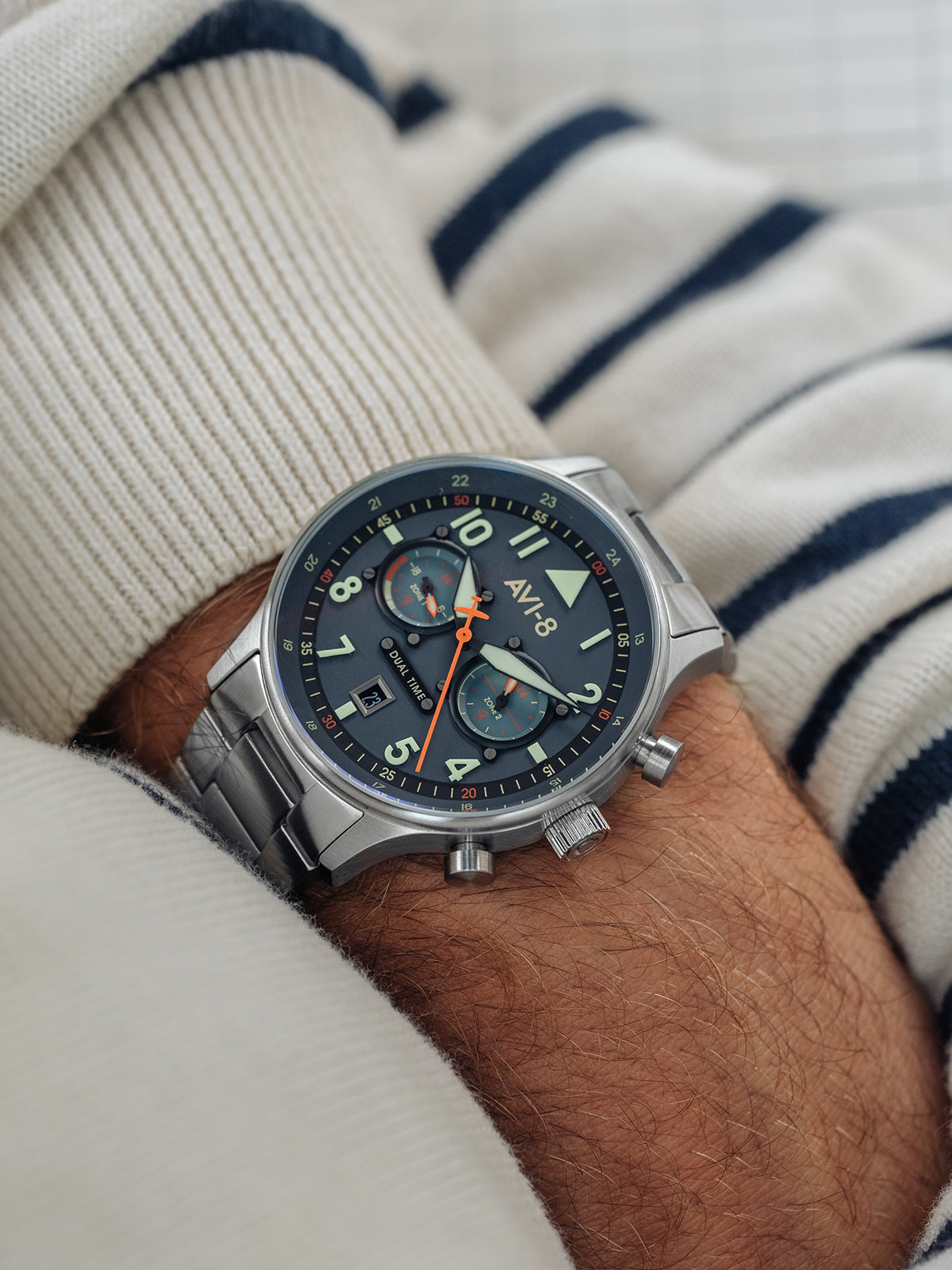 Hawker Hurricane Carey Dual Time Blue & Stainless Steel /  Stainless Steel | Blue Dial