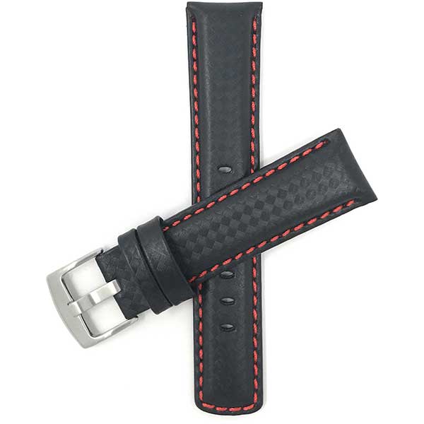 530 | 20mm Black and Red Mens Leather Carbon Fiber Pattern Watch Band 20mm / Black and Red / Silver Buckle |  Dial