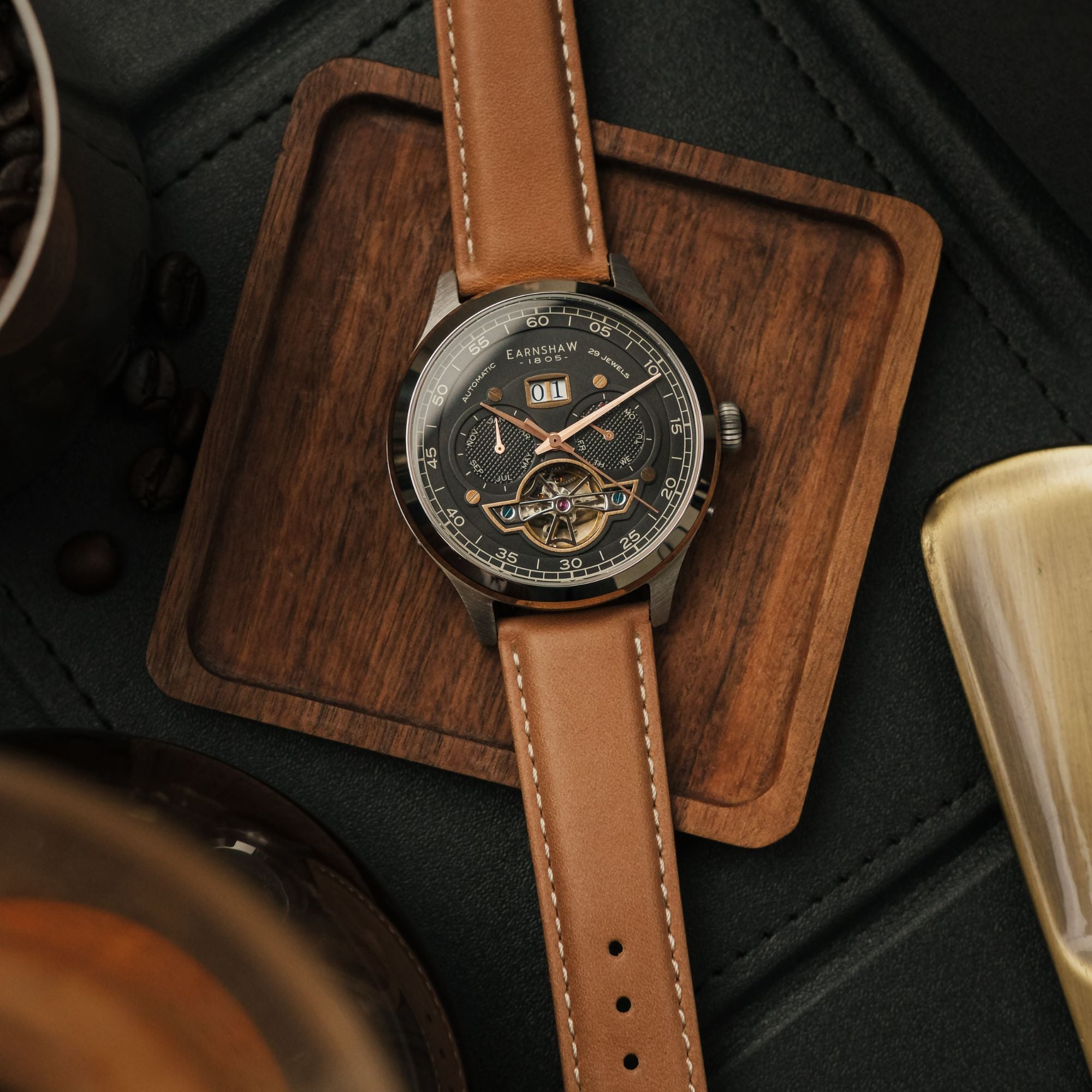 Baron Grand Date Calendar Open Heart Automatic Black / Brown Leather | Black Dial
