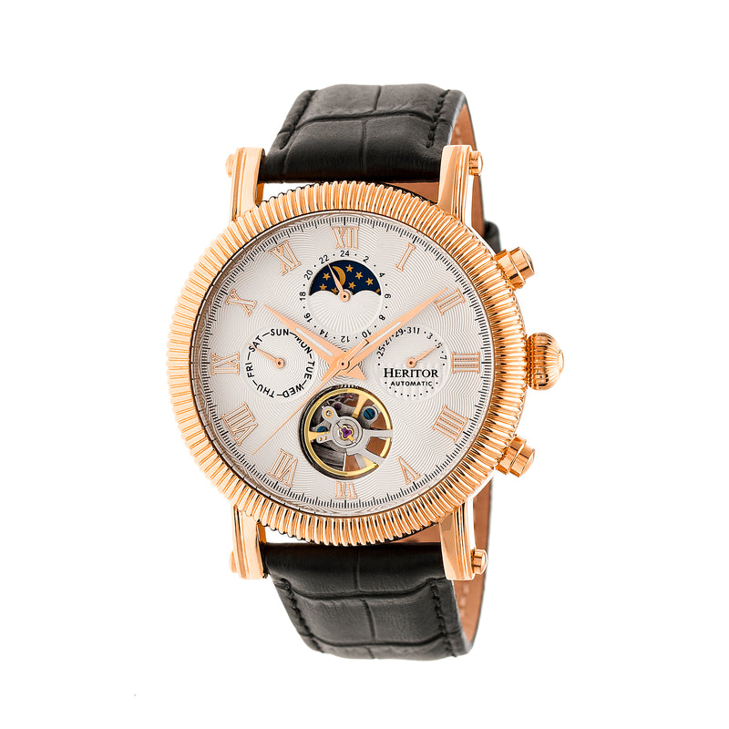 Winston Semi-Skeleton Leather-Band Watch Rose Gold/White | White Dial