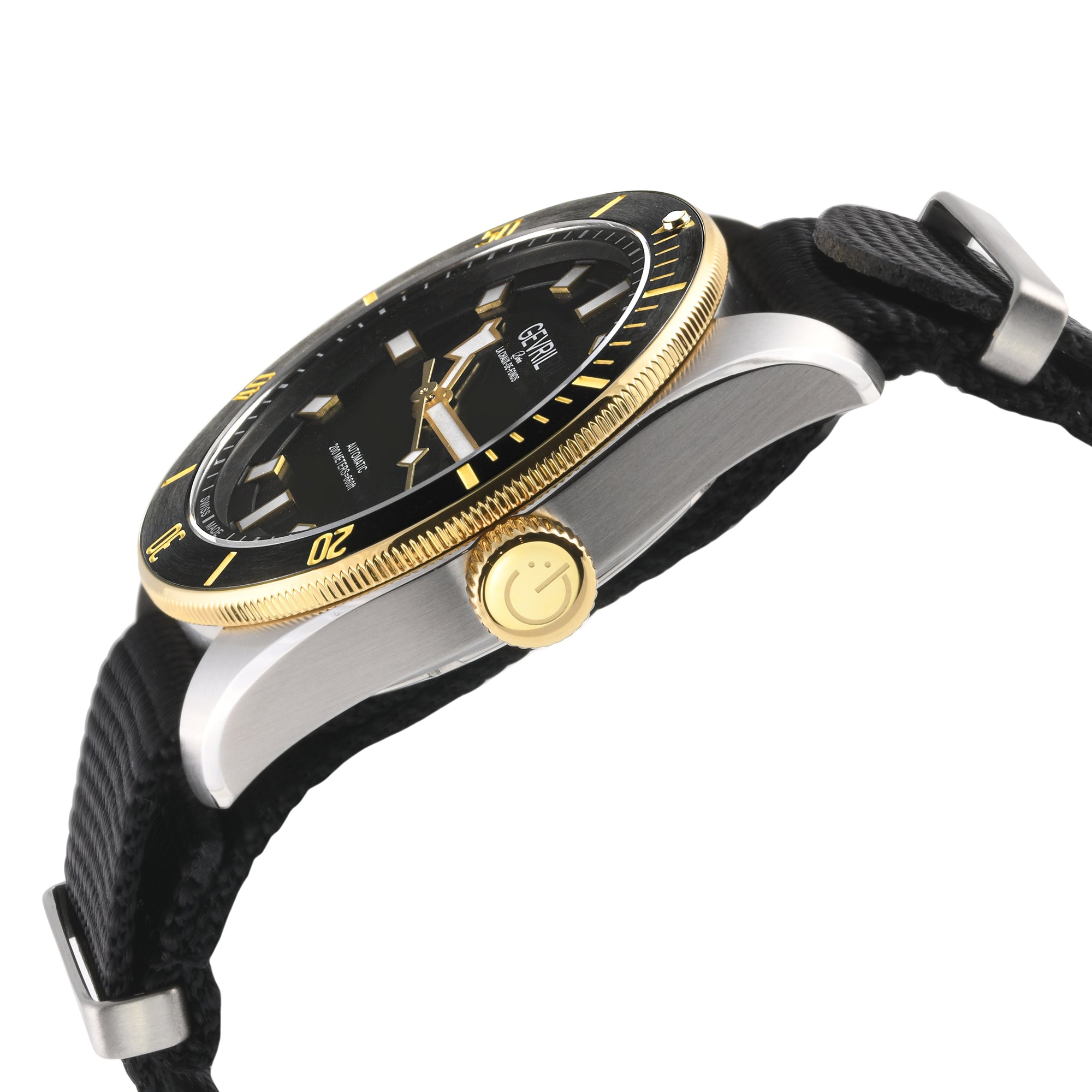 Yorkville Gevril Men's Yorkville Black Dial Sellita SW200 Swiss Automatic Rotating Bezel Two Tone Bracelet Date Luminous Watch Nato strap | Black Dial