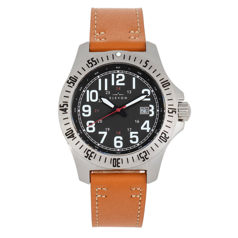 Aviator Leather-Band Watch w/Date Camel/Black | Black Dial