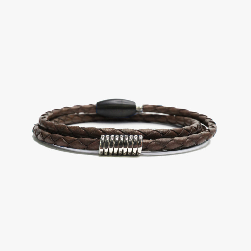 Braided Brown Leather w/ Sterling Coil M (7.25" Wrist) |  Dial