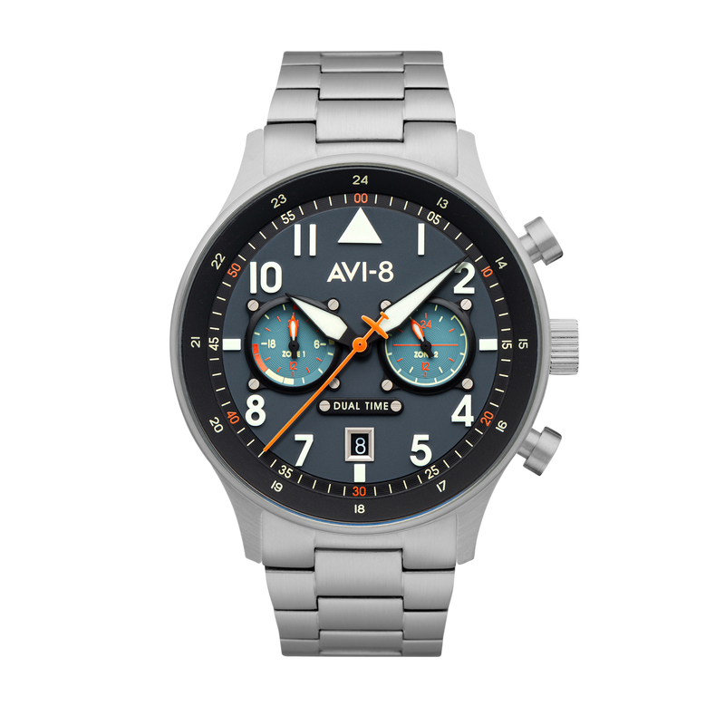 Hawker Hurricane Carey Dual Time Blue & Stainless Steel /  Stainless Steel | Blue Dial