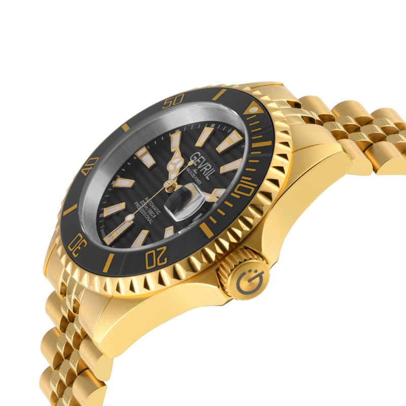 Chambers Gevril Swiss Made Sellita SW200 Ceramic rotation bezel 200 Meter diver watch exhibition case-back IPYG steel | Black Dial