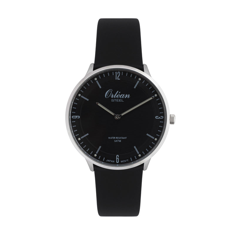 40mm Ultra Slim Analog Mens Watch, Leather Strap, Japanese Quartz Movement, Date - ME3446 Silver / Black | Black Dial