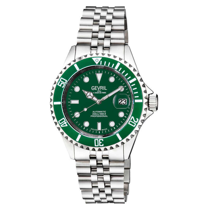 Wall Street Gevril Swiss Made SW200 Steel Rotating bezel Watch, 316L Case, Green DIal | Green Dial