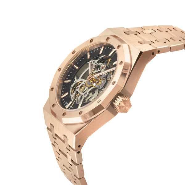 Gotham -Skeleton Swiss Automatic Movement, Skeleton Dial, Rose 316L Stainless Steel IPRG Bracelet | Skeleton Dial