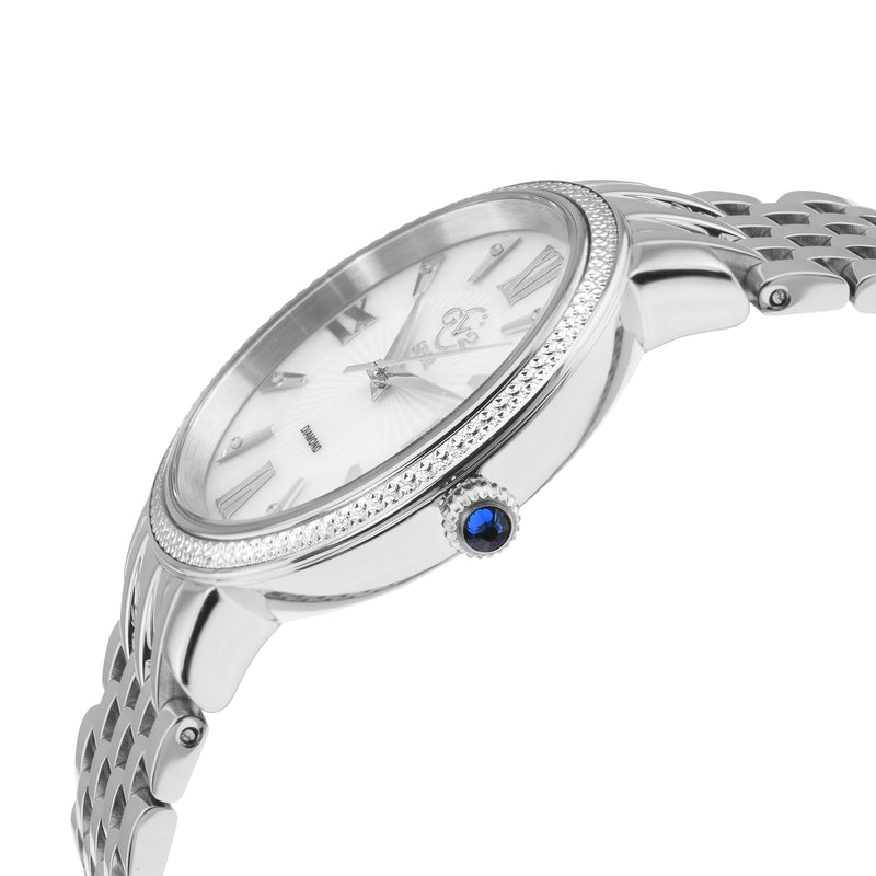 Genoa GV2 Women's Diamond Swiss Quartz Watch, White MOP dial, Diamond Cut Bezel, 8 Diamonds on Dial, Bracelet | White Dial