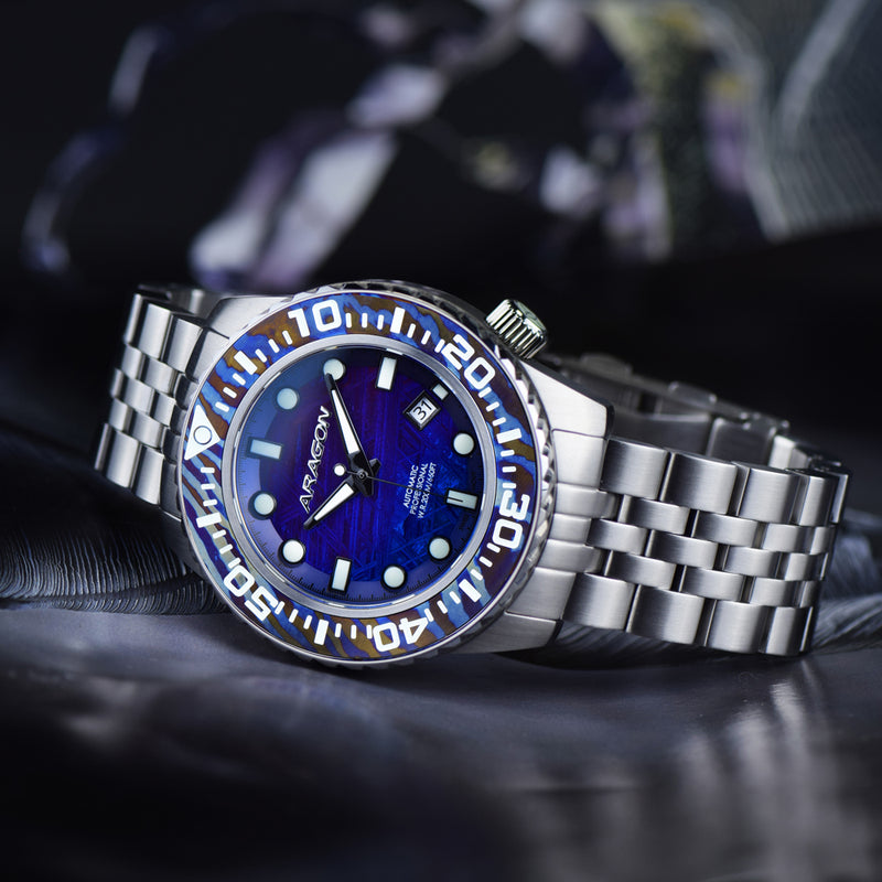 EVO Meteorite Swiss Automatic Limited Edition Titanium Damascus Bezel - Blue | Dark Blue Dial