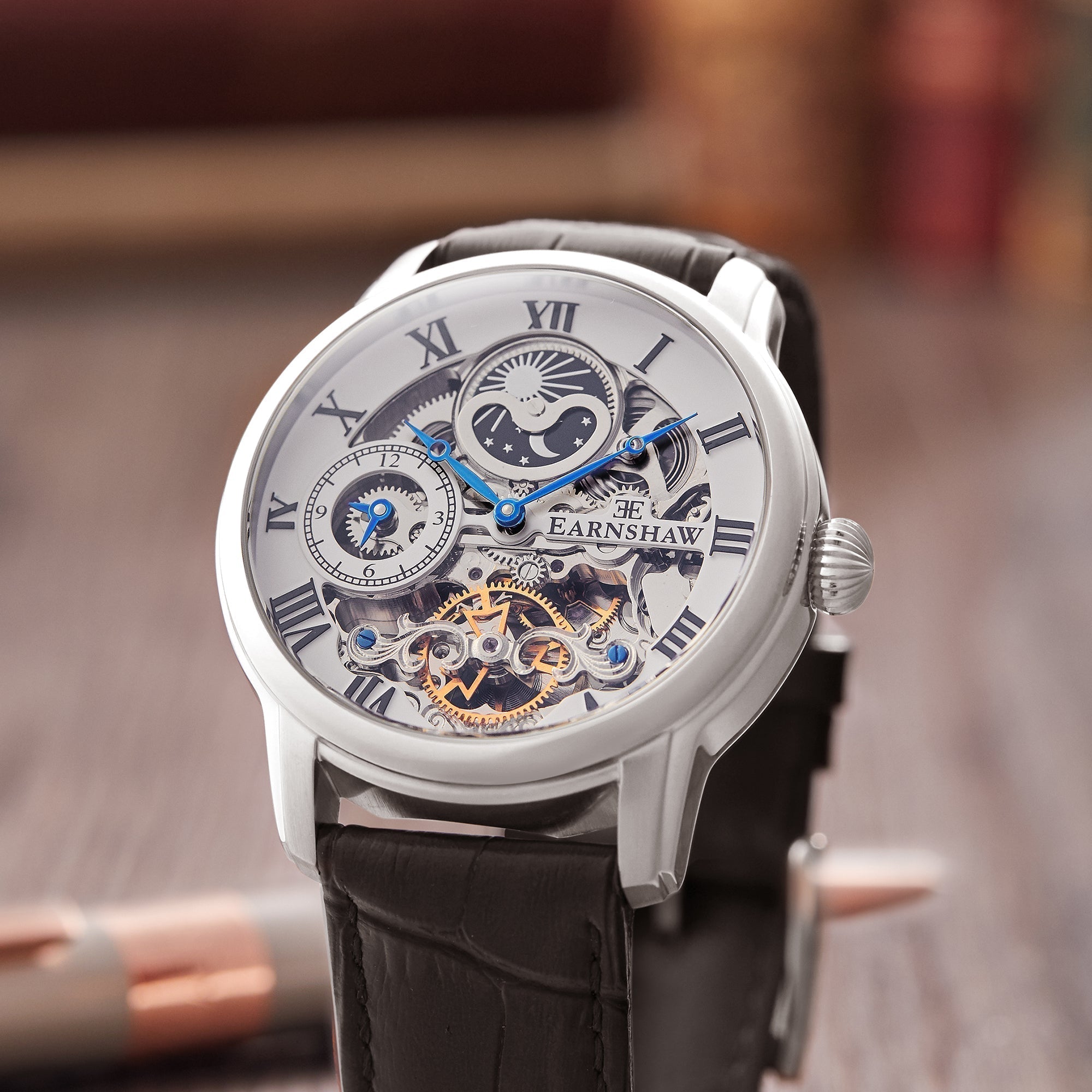 Longitude Automatic Skeleton Watch Silver White & Black / Genuine leather strap Silver Dial