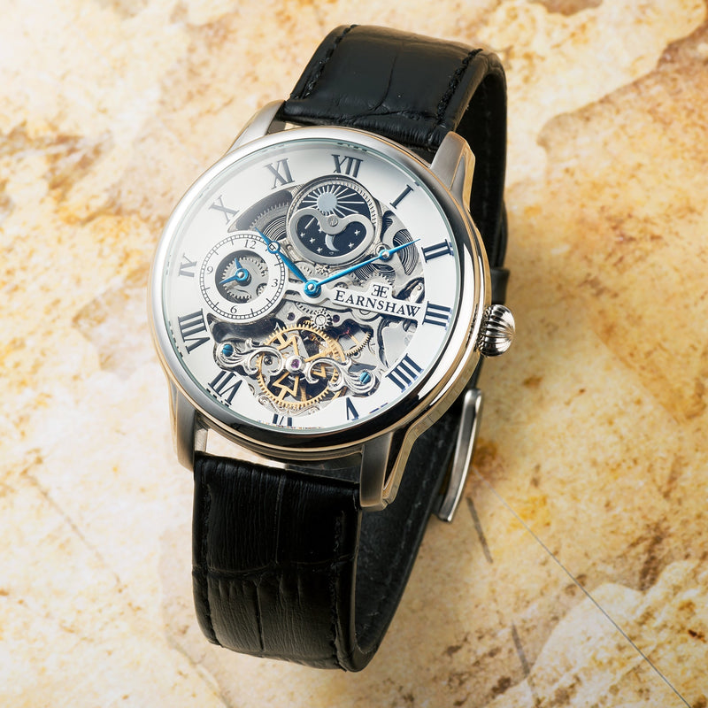 Longitude Automatic Skeleton Watch Silver White & Black / Genuine leather strap Silver Dial