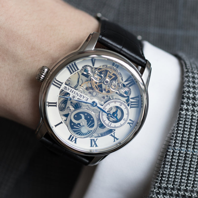 Longitude Automatic Skeleton Watch Silver White & Black / Genuine leather strap Silver Dial