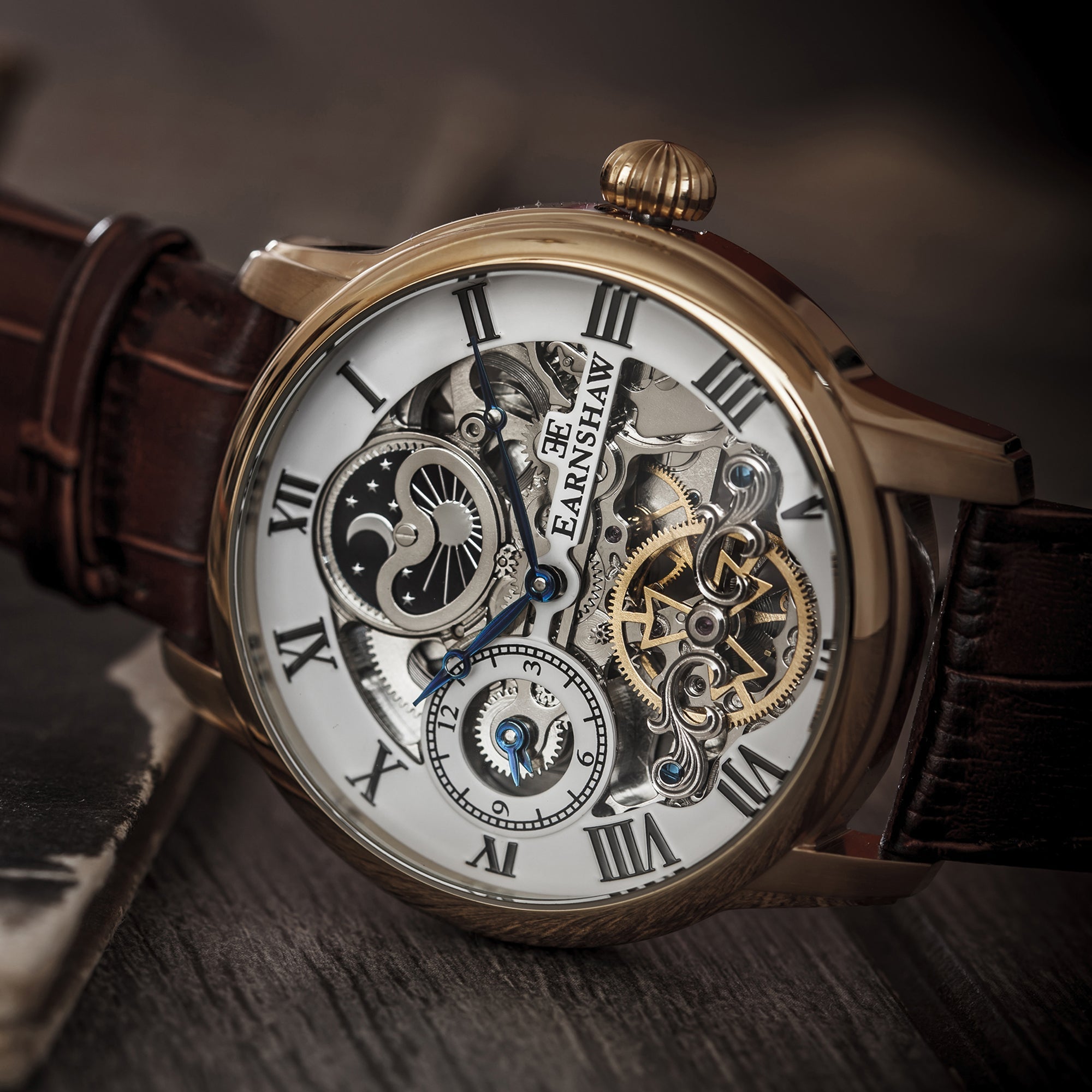 Longitude Automatic Skeleton Watch Silver White & Brown Gold / Genuine leather strap Silver Dial