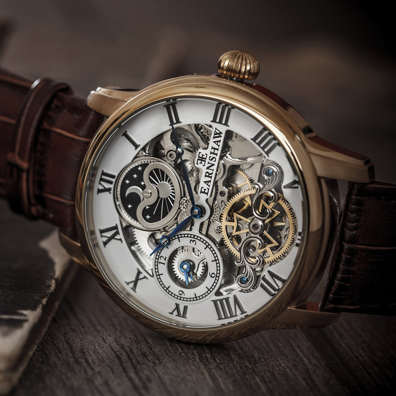 Longitude Automatic Skeleton Watch Silver White & Brown Gold / Genuine leather strap Silver Dial