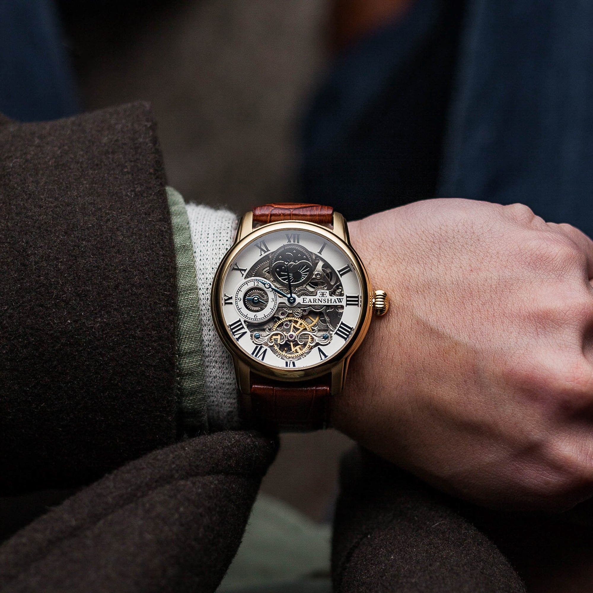 Longitude Automatic Skeleton Watch Silver White & Brown Gold / Genuine leather strap Silver Dial