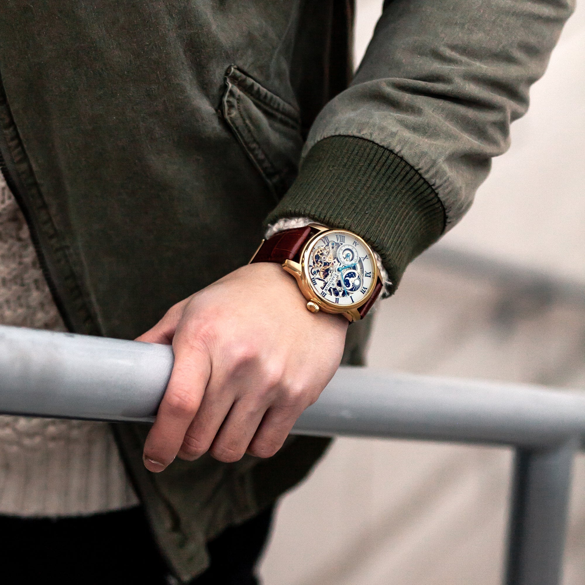 Longitude Automatic Skeleton Watch Silver White & Brown Gold / Genuine leather strap Silver Dial