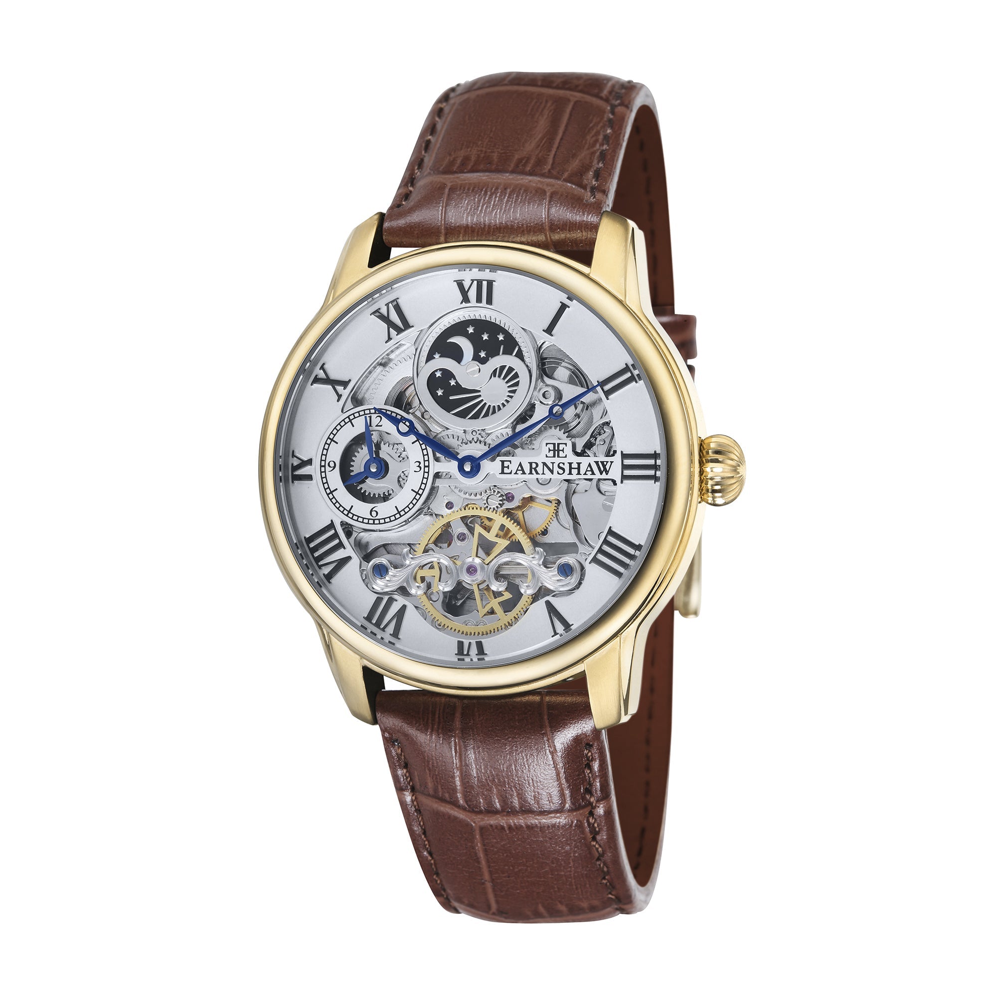 Longitude Automatic Skeleton Watch Silver White & Brown Gold / Genuine leather strap Silver Dial