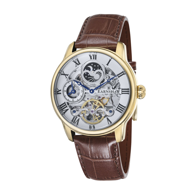 Longitude Automatic Skeleton Watch Silver White & Brown Gold / Genuine leather strap Silver Dial