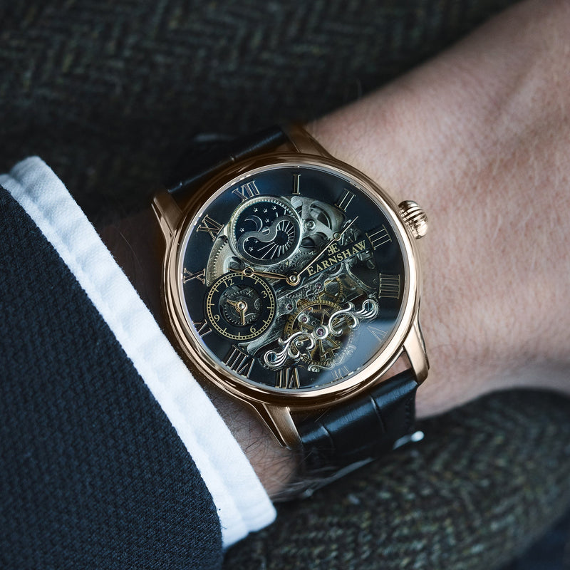 Longitude Automatic Skeleton Watch Black, Genuine leather strap | Semi-transparent Dial