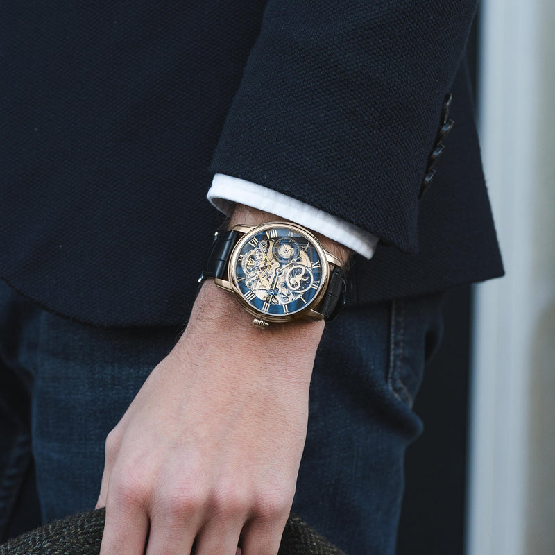 Longitude Automatic Skeleton Watch Black, Genuine leather strap | Semi-transparent Dial