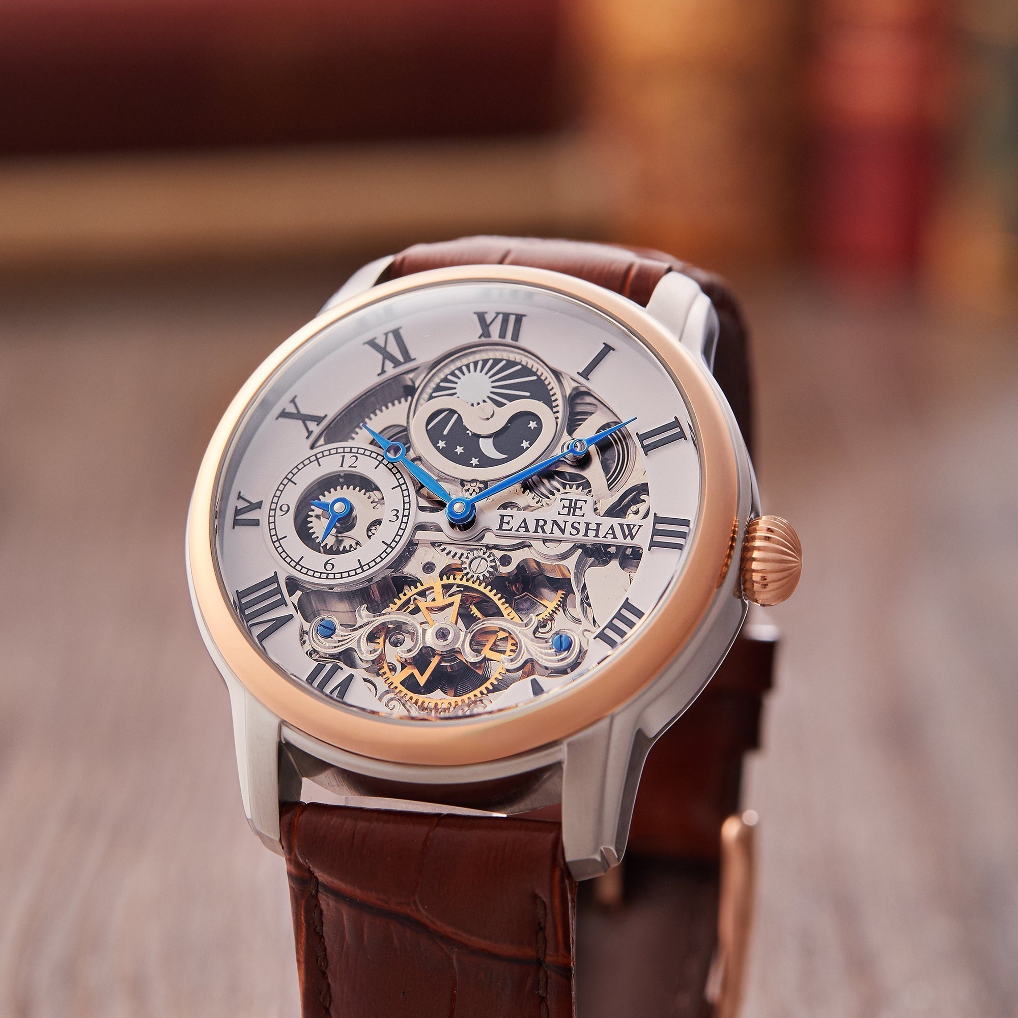 Longitude Automatic Skeleton Watch Silver White & Brown / Genuine leather strap Semi-transparent Dial