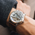 Longitude Automatic Skeleton Watch Silver White & Brown / Genuine leather strap Semi-transparent Dial