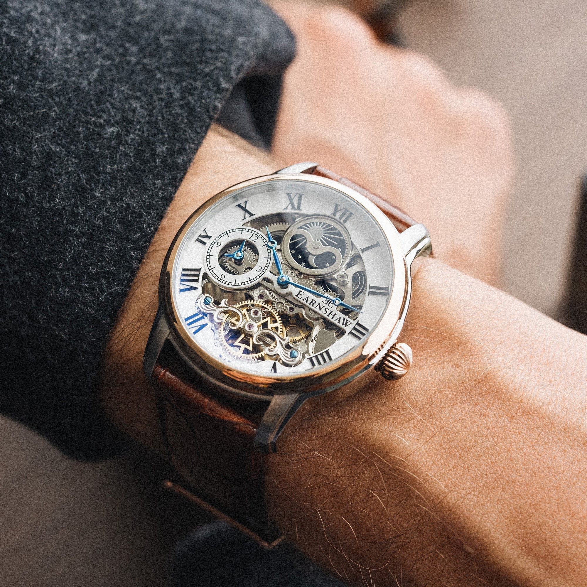 Longitude Automatic Skeleton Watch Silver White & Brown / Genuine leather strap Semi-transparent Dial