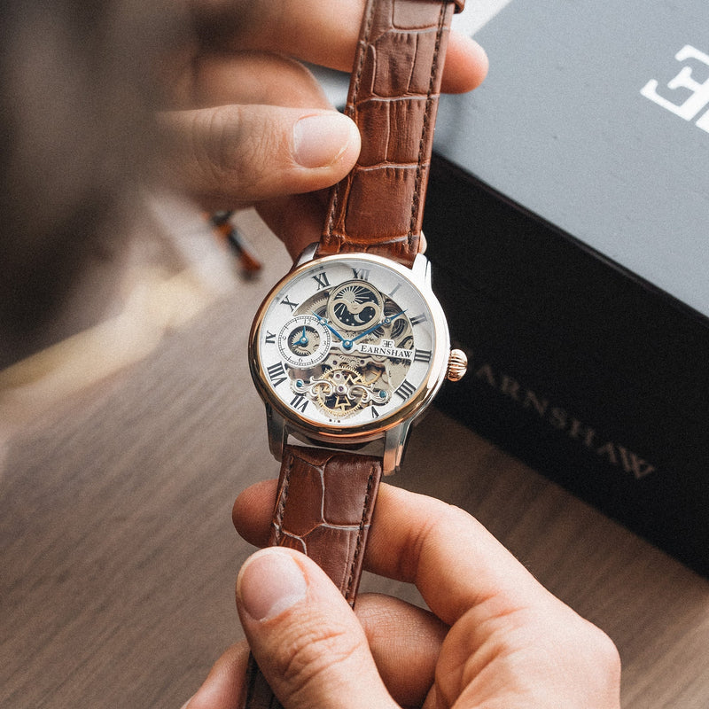 Longitude Automatic Skeleton Watch Silver White & Brown / Genuine leather strap Semi-transparent Dial